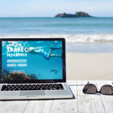Shopping for travel insurance on a tropical beach.