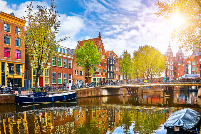 Historic buildings and channel in Amsterdam's historic center. 