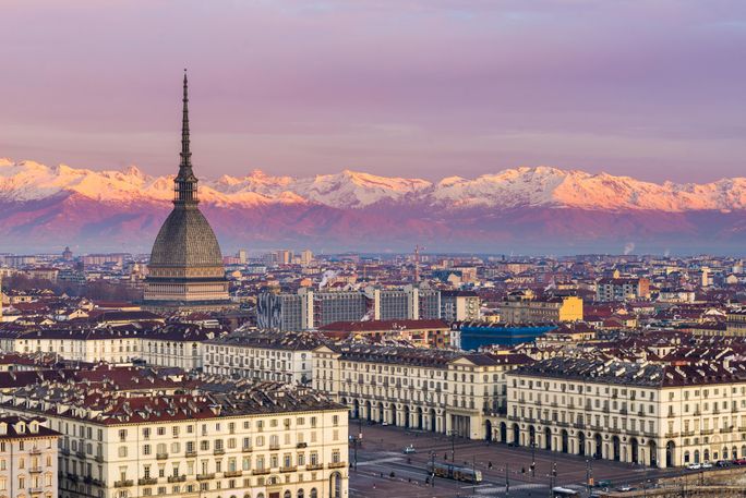 Turin (Turin, Italy) cityscape at sunrise