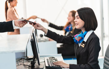 Traveler getting airline tickets.