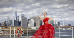 Coco Rocha wears a signature Christian Siriano design aboard Cunard's Queen Mary 2