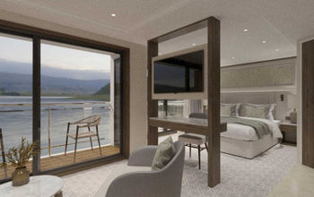 Rendering of a Grand Suite aboard the new Riviera Radiance. 