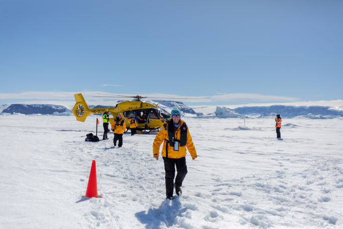 Helicopter landing in Antarctica