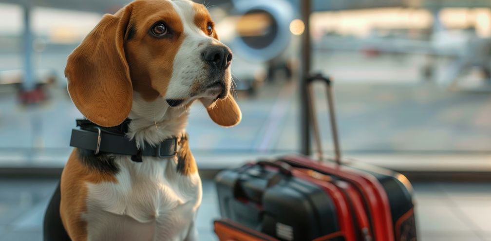 Customs and Border Protection airport sniffer dog (generated with AI).