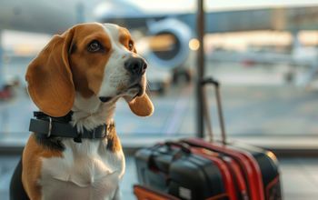 Customs and Border Protection airport sniffer dog (generated with AI).