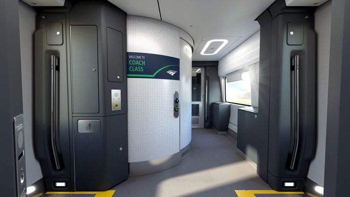Trainerklasse Vestibule an Bord und Amtrak Airo Zug. Trainerklasse Vestibule an Bord und Amtrak Airo Zug.