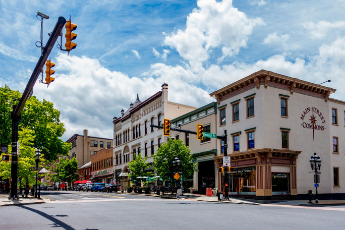 Charming downtown Bethlehem, features historic architecture, outdoor cafes, and boutique shops along Broad and Main streets.