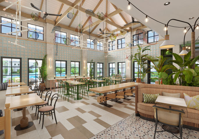 Rendering of the Pinta Food Hall at the Treasure Beach Village at Beaches Turks and Caicos. Beaches resorts, beaches turks and caicos