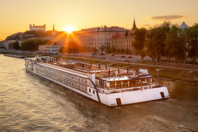 AmaMagna sails along the city of Bratislava in Slovakia. AmaWaterways, AmaMagna, Bratislava, Slovakia, bratislava river cruise, river cruise in europe, danube cruising