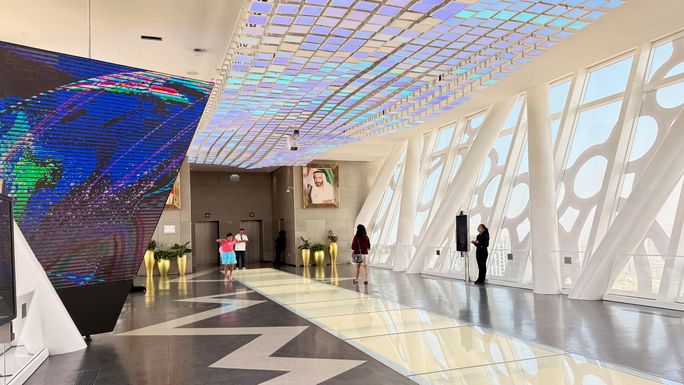 At the top of the Dubai Frame where visitors can walk across translucent glass and see old and new Dubai. At the top of the Dubai Frame where visitors can walk across translucent glass and see old and new Dubai.