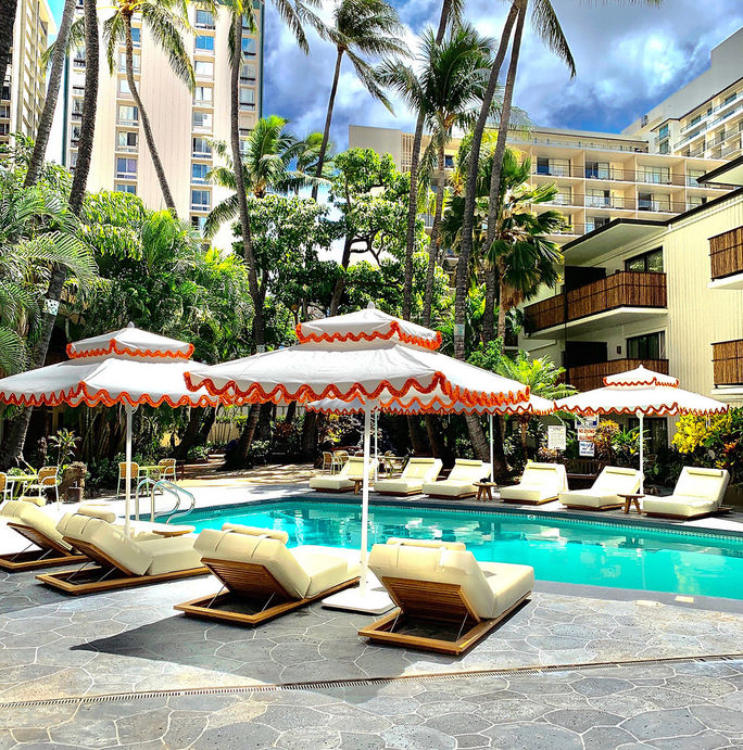 Pool deck at White Sands Hotel, Oahu, Hawaii.