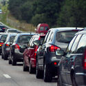 Traffic jam with rows of cars.