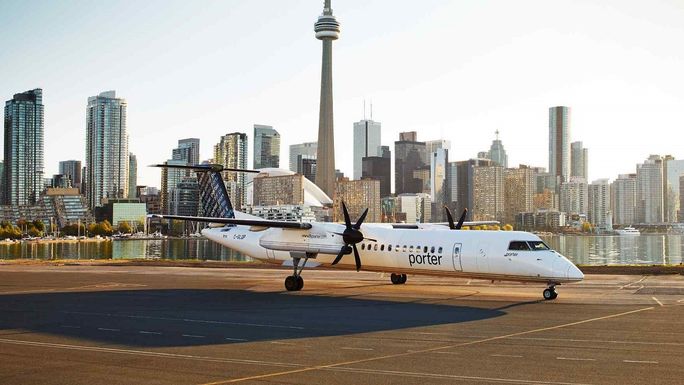 A Porter Airlines Bombardier Q400 on the tarmac at Billy Bishop Toronto City Airport.