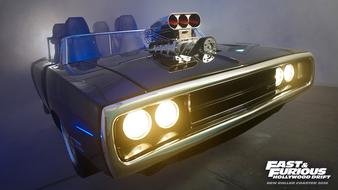 Rendering of a ride vehicle for Universal Studios Hollywood's Fast & Furious: Hollywood Drift roller coaster. Rendering of a ride vehicle for Universal Studios Hollywood's Fast & Furious: Hollywood Drift roller coaster.