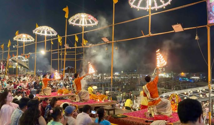 Aarti, a prayer ceremony involving Hindu priests and candlelit altars, takes place every night at each of Varanasi's famous ghats.