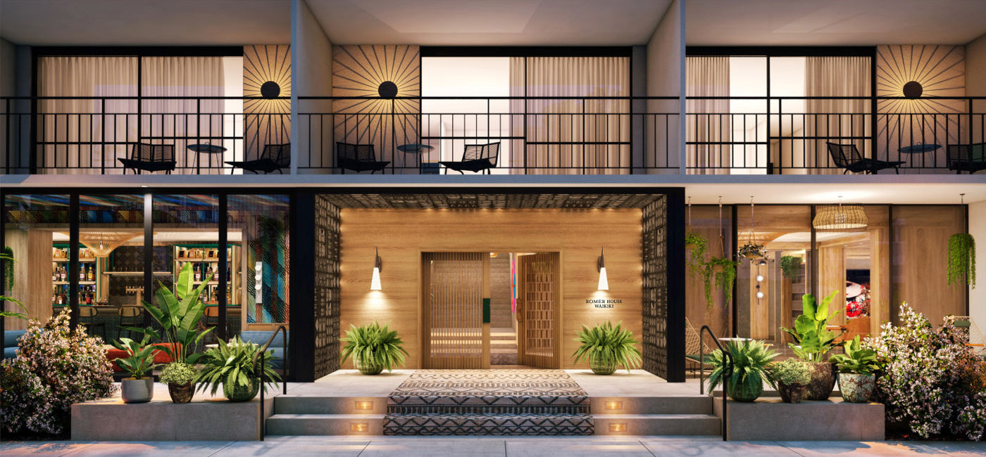 Image: Rendering of the entry of Romer House Waikiki, Oahu's first adults-only hotel. (Photo Credit: Romer)