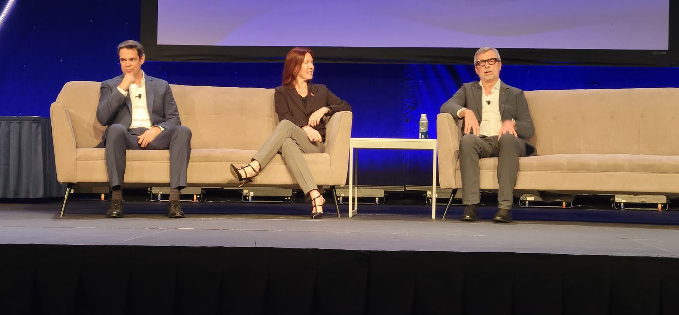 Image: Bert Hernandez, president of Silversea Cruises, with Laura Bethge, Celebrity Cruises’ president and Michael Bayley, president of Royal Caribbean International address the audience at this week’s CruiseWorld conference. (Photo by Brian Major)