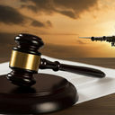 A gavel rests on legal documents with an airplane in the background, symbolizing aviation law and justice in the airline industry.