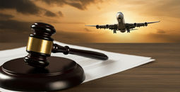 A gavel rests on legal documents with an airplane in the background, symbolizing aviation law and justice in the airline industry.
