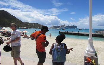 St. Maarten shoreline with the cruise ship port in the distance.