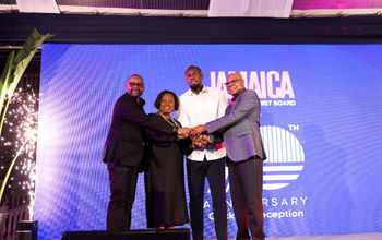 From left, Jamaica’s Director of Tourism, Donovan White; Hon. Olivia Grange, Minister of Culture, Gender, Sports and Entertainment; Hon. Usain Bolt; and Hon. Edmund Bartlett, Minister of Tourism.