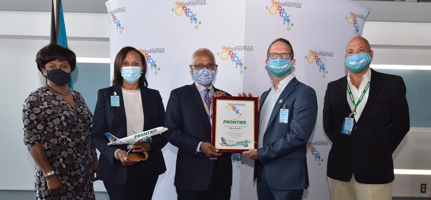 Image: Plaque presented by Bahamian Minister of Tourism & Aviation Dionisio D’Aguilar to Frontier Airlines executives commemorating the carrier's inaugural flight from Miami to Nassau on June 24, 2021. (photo courtesy of Bahamas Ministry of Tourism)