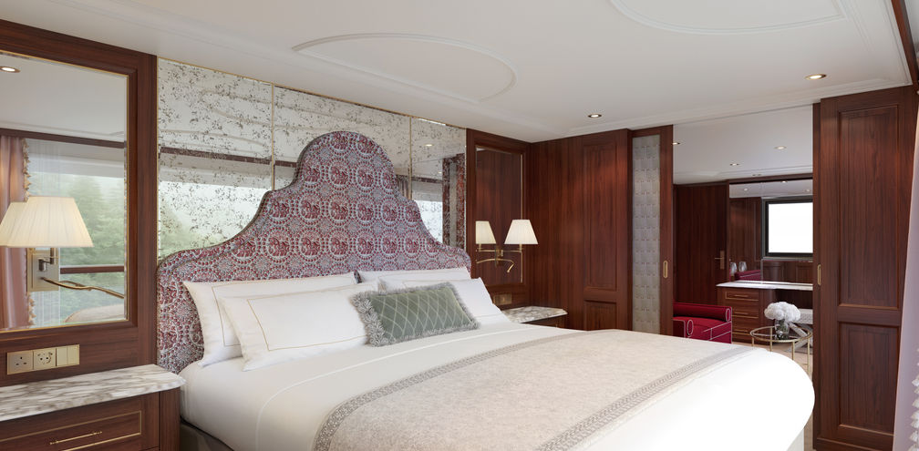 A rendering of a Grand Suite bedroom aboard S.S. Clara
