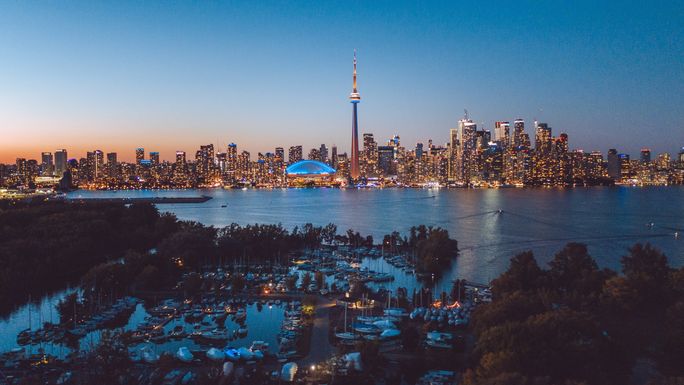 Evening city skyline of Toronto, Ontario, Canada.