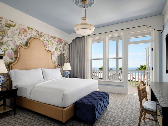 A newly renovated Victorian guest room inside the Hotel del Coronado.