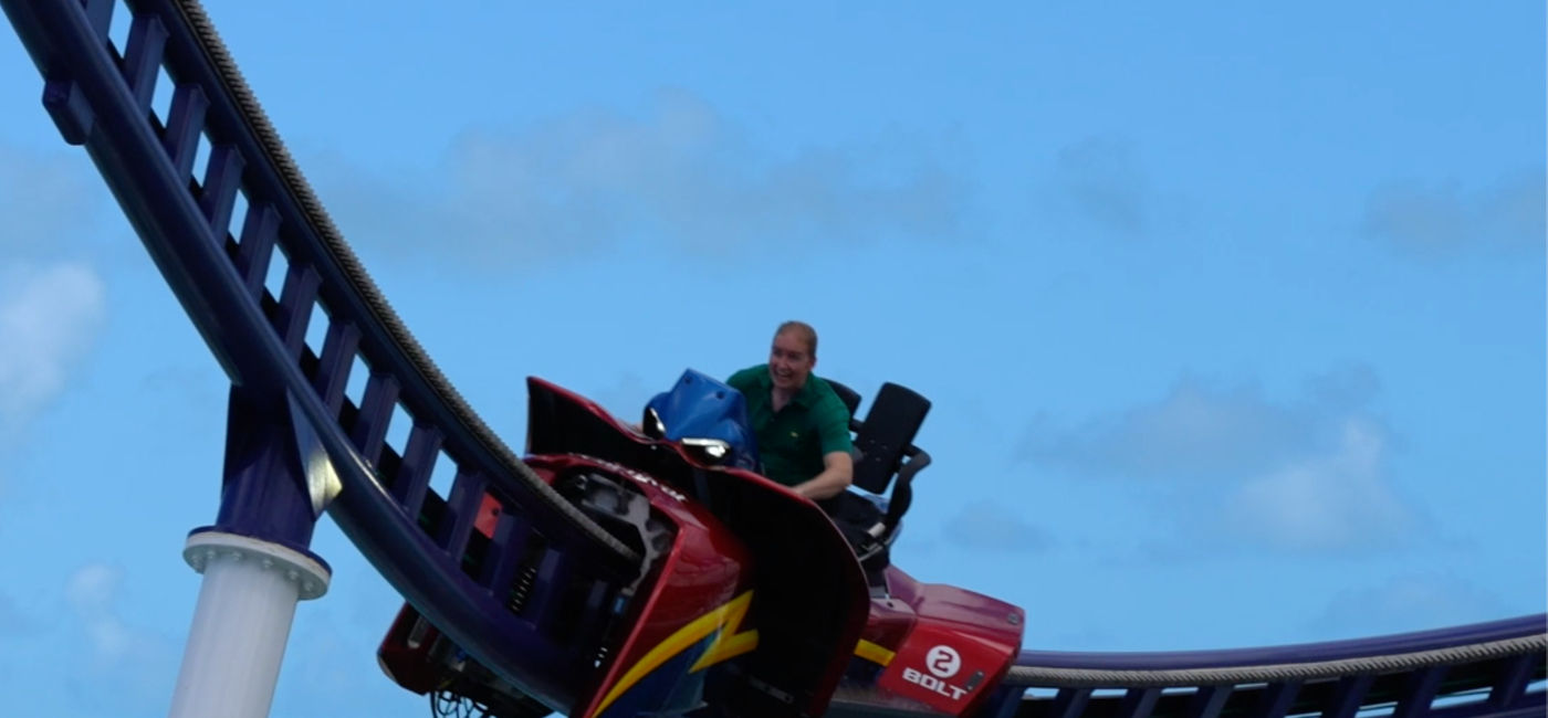 Image: TravelPulse Executive Editor Eric Bowman rides the BOLT! Rollercoaster at sea onboard Carnival Mardi Gras cruise ship (photo via Chris Cardona)