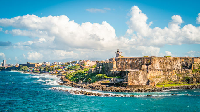 Panoramic landscape of historical castle El Morro along the coastline, San Juan, Puerto Rico. Panoramic landscape of historical castle El Morro along the coastline, San Juan, Puerto Rico.