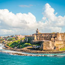 Panoramic landscape of historical castle El Morro along the coastline, San Juan, Puerto Rico.
