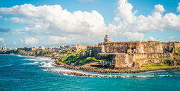 Panoramic landscape of historical castle El Morro along the coastline, San Juan, Puerto Rico.