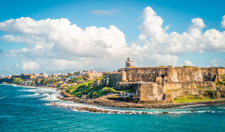 Panoramic landscape of historical castle El Morro along the coastline, San Juan, Puerto Rico.