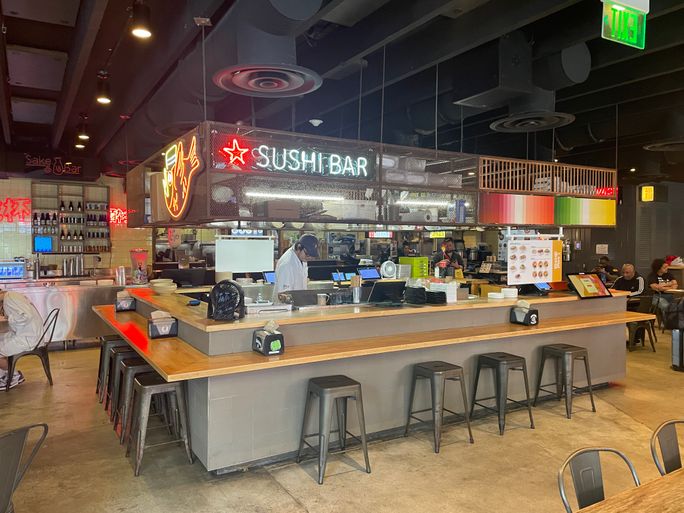 The sushi bar at Wynwoods 1-800-LUCKY Asian food hall. The sushi bar at Wynwoods 1-800-LUCKY Asian food hall.