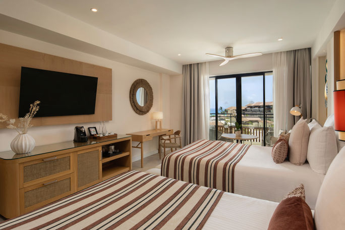 Rendering of a Junior Suite Partial Ocean View Bedroom at the Dreams Playa Esmeralda Resort & Spa. Hyatt Hotels Corporation, Dreams resorts, Dreams Playa Esmeralda Resort & Spa, new resort openings 2025