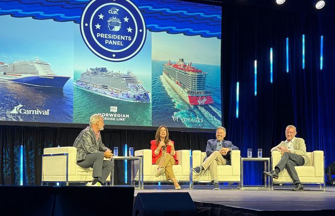 The Presidents Panel included (left to right) moderator Scott Koepf from Cruise Planners, Carnival’s Christine Duffy, Norwegian’s Marc Kazlauskas and Virgin Voyages’ John Lovell. The Presidents Panel included (left to right) moderator Scott Koepf from Cruise Planners, Carnival’s Christine Duffy, Norwegian’s Marc Kazlauskas and Virgin Voyages’ John Lovell.