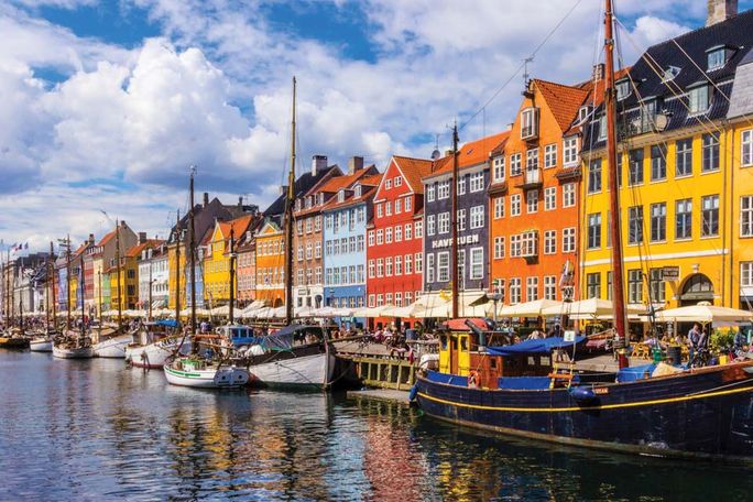 The historic waterfront district of Nyhavn in Copenhagen, Denmark.