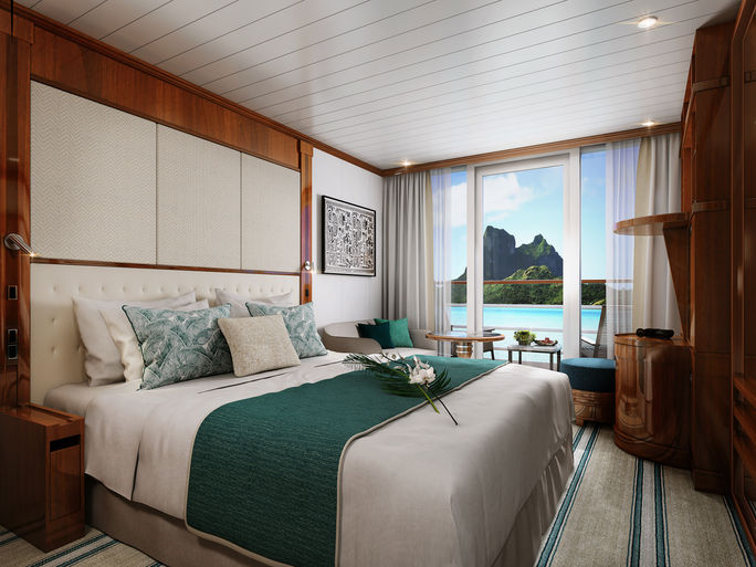 A renovated standard cabin on The Gauguin. The Paul Gauguin underwent a renovation in March 2021.