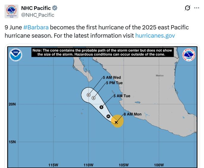 9 June Barbara becomes the first hurricane of the 2025 east Pacific hurricane season.