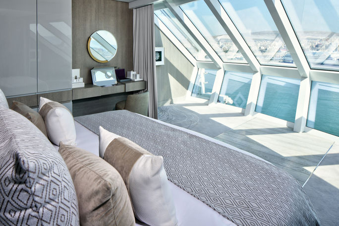 Iconic Suite Bedroom at The Retreat aboard Celebrity Cruises. Iconic Suite Bedroom at The Retreat aboard Celebrity Cruises.