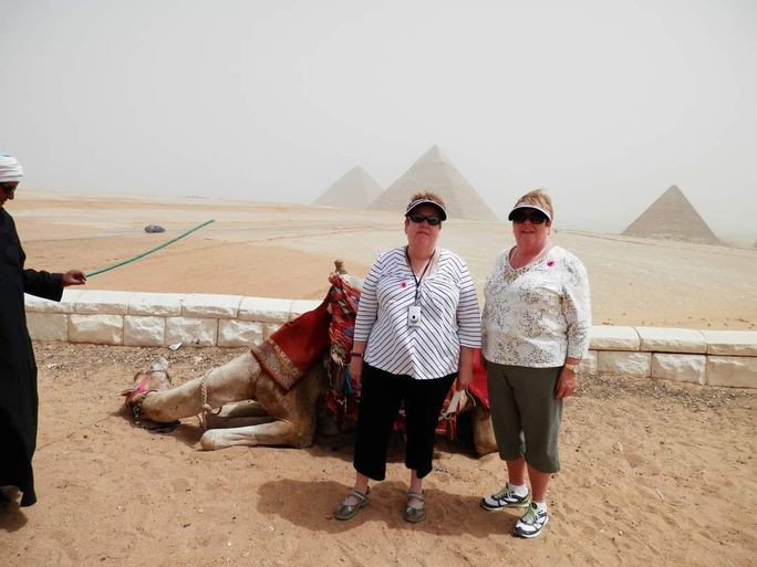 Holland America Line, people, female travelers, egypt, pyramids, ann and cathy scott