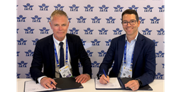 John Weatherill, WestJet Executive Vice-President and Chief Commercial Officer and Helgi Már Björgvinsson, Icelandair Head of Airline Partnerships & International Relations sign reciprocal codeshare agreement at the 2026 IATA AGM.