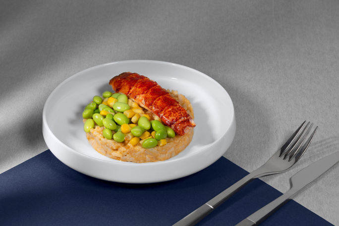 Menu Affaires Air France: homard canadien saisi, riz crémeux à la bisque,maïs roti Menu Affaires Air France: homard canadien saisi, riz crémeux à la bisque,maïs roti