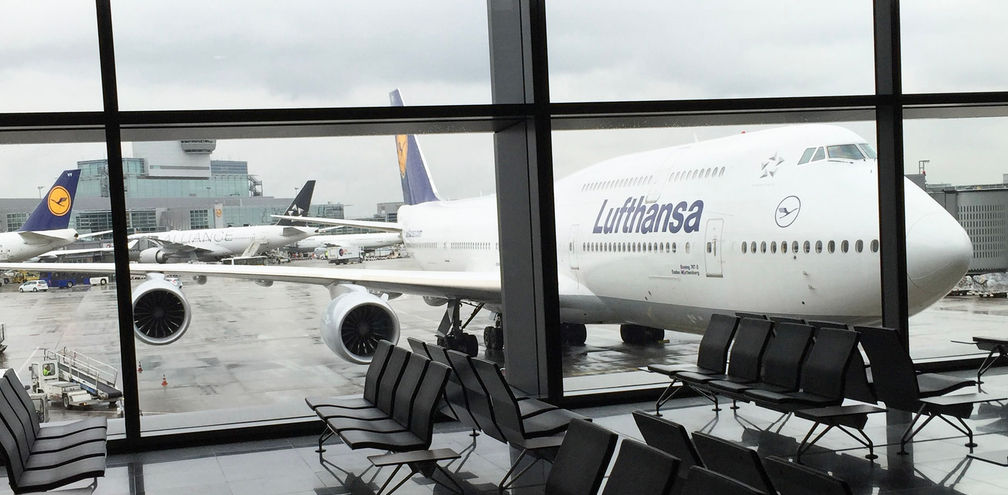 A Lufthansa 747 is seen from the concourse at Frankfurt Airport in Germany