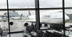 A Lufthansa 747 is seen from the concourse at Frankfurt Airport in Germany