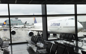 A Lufthansa 747 is seen from the concourse at Frankfurt Airport in Germany