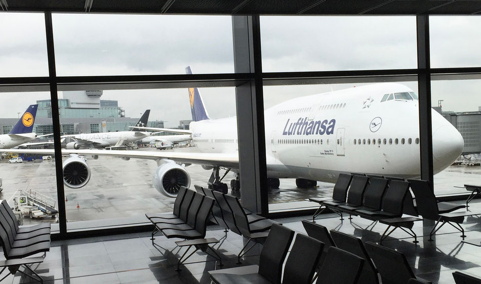A Lufthansa 747 is seen from the concourse at Frankfurt Airport in Germany