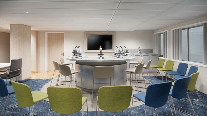 Rendering des neuen Wissenschaftszentrums an Bord der MS Spitbergen. HX -Expeditionen, MS Spitsbergen