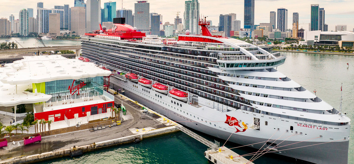 Image: Virgin Voyages' Scarlet Lady at Terminal V at PortMiami. (Photo via Virgin Voyages)